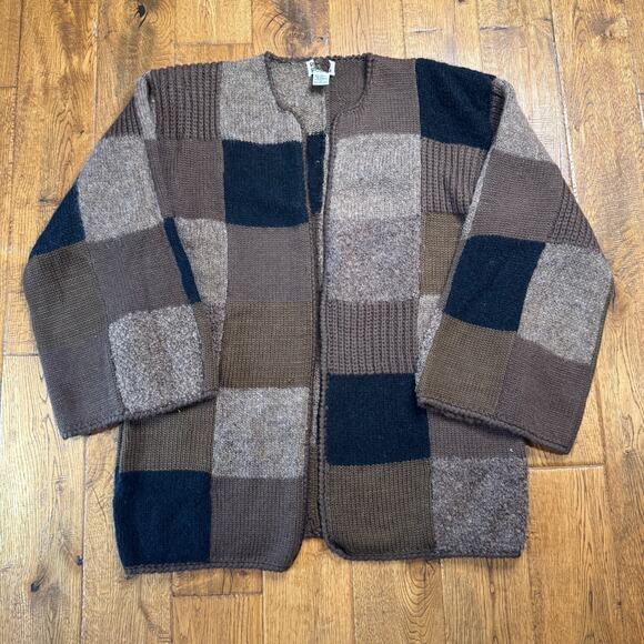 Sweaters - Vintage Knit Wool Blend Brown Color Block Cardigan Sweater Sz L Wide Sleeve